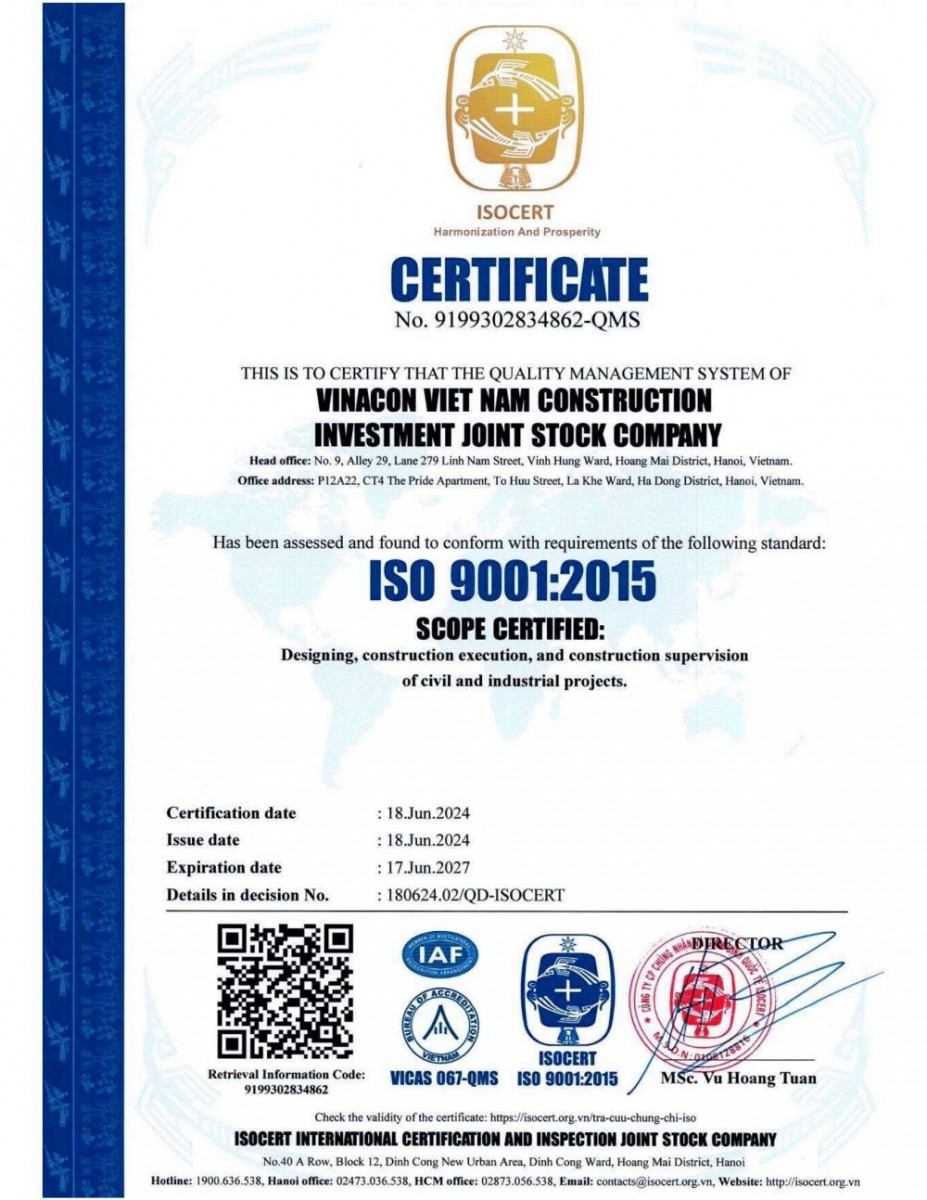 VINACON đón nhận chứng chỉ ISO 90012015 ISO 140012015 VA ISO 450012018